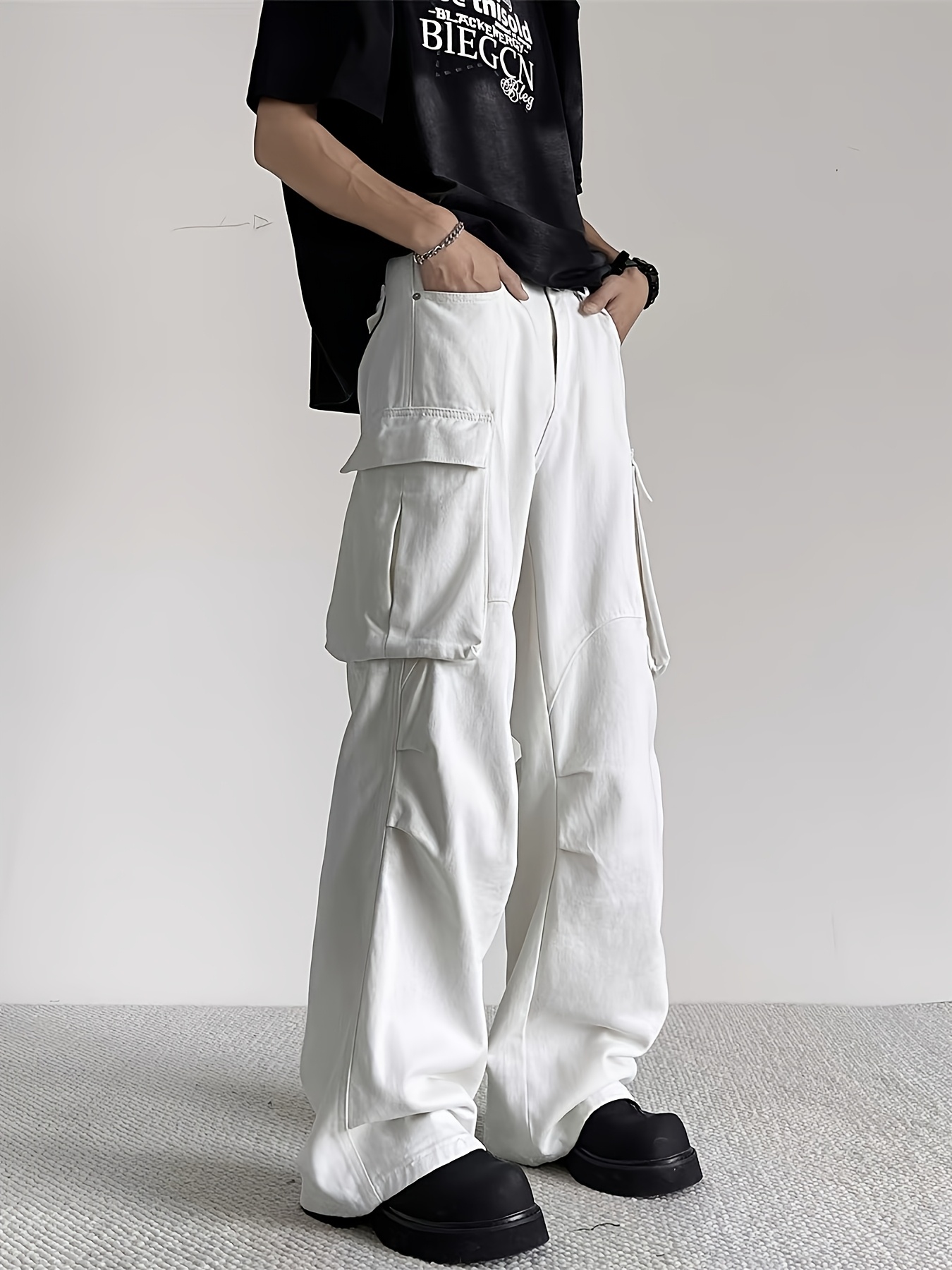 mens trendy white cargo jeans straight leg design cotton machine washable details 2