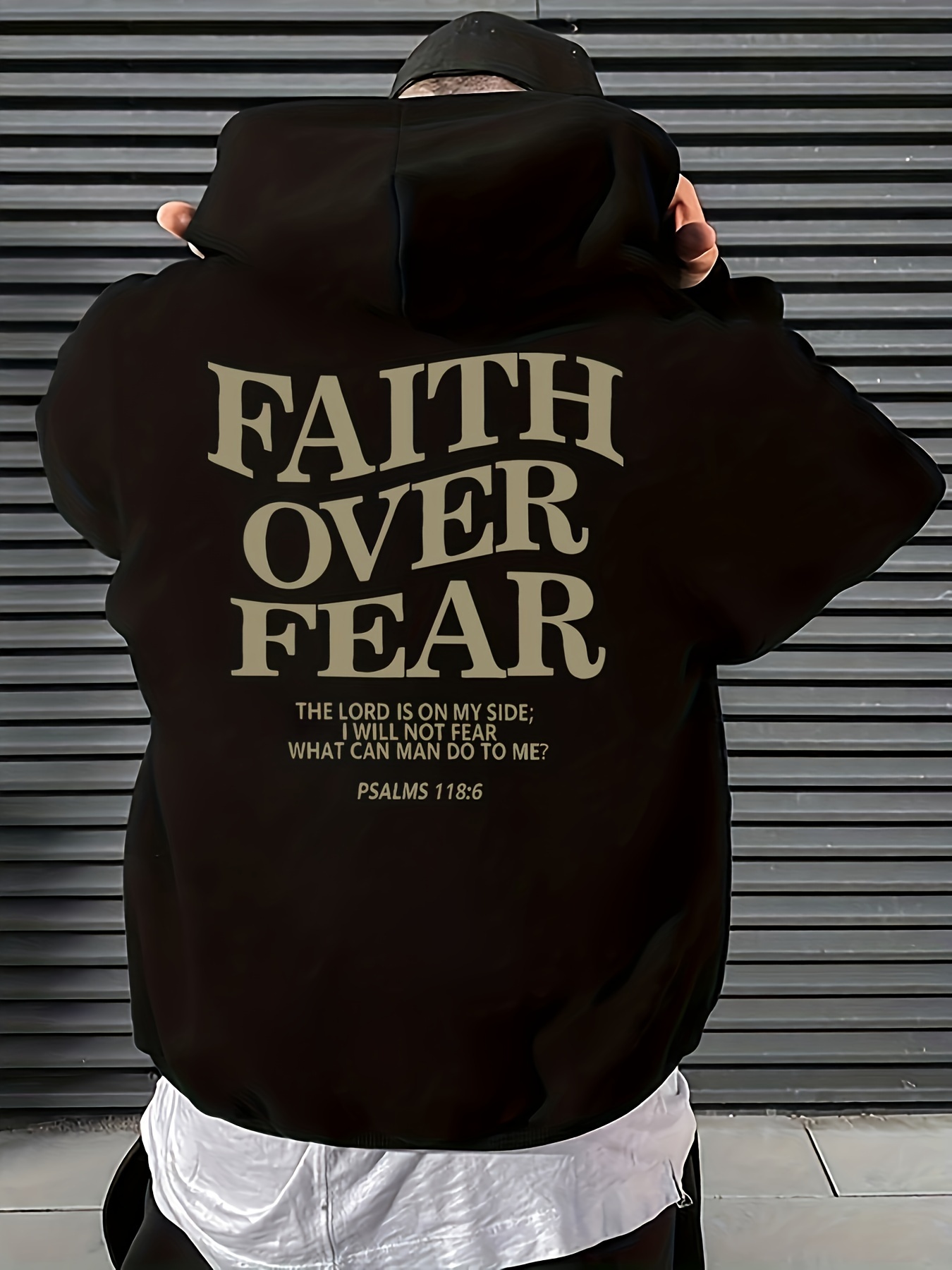 mens hooded fleece sweatshirt is a casual and hooded sweatshirt with faith over fear letter print details 0