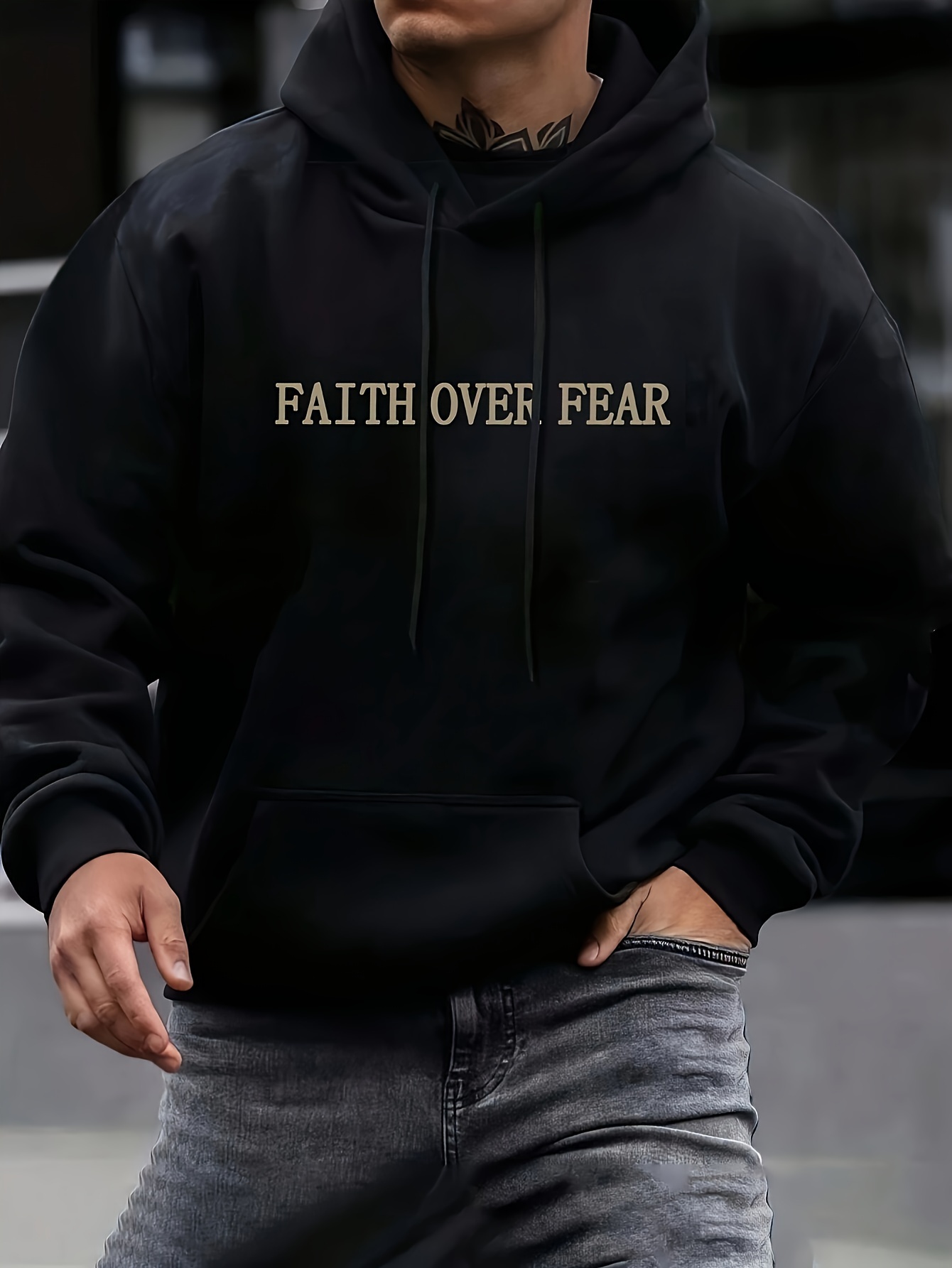 mens hooded fleece sweatshirt is a casual and hooded sweatshirt with faith over fear letter print details 1