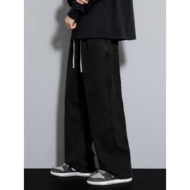 Men's Street Style Wide Leg Denim Jeans, Casual Drawstring Pants, Hip-Hop Loose Fit Jeans