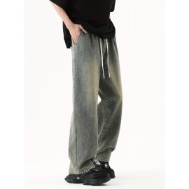 Men's Street Style Wide Leg Denim Jeans, Casual Drawstring Pants, Hip-Hop Loose Fit Jeans