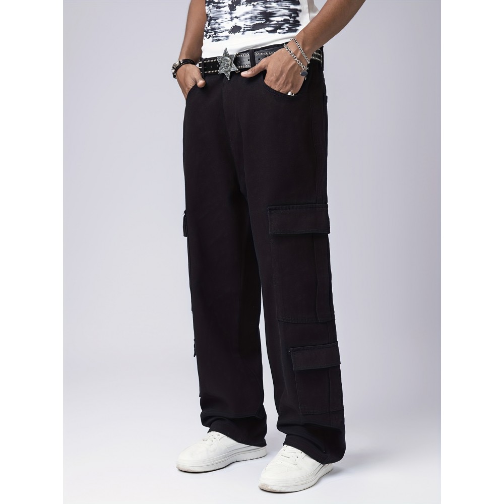 Men's Trendy Hip-Hop Style Loose Fit Cargo Jeans with Multiple Pockets - 100% Cotton, Machine Washable Men's Trendy Hip-Hop Style Loose Fit Cargo Jeans with Multiple Pockets - 100% Cotton, Machine Washable