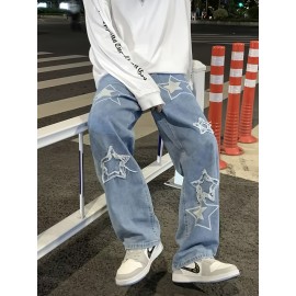 Vintage Men's Korean Denim Pants Y2K Cltohes Streetwear Printed Patchwork Male Baggy Jeans Straight Trousers