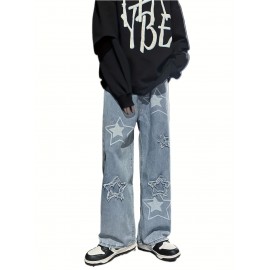 Vintage Men's Korean Denim Pants Y2K Cltohes Streetwear Printed Patchwork Male Baggy Jeans Straight Trousers