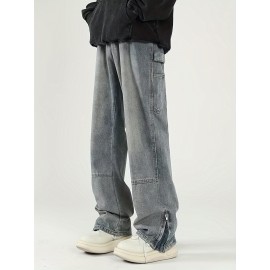 Men's Solid Denim Barrel Pants With Pockets, Vintage Style Cotton Blend Split Jeans For Spring Fall Outdoor Activities