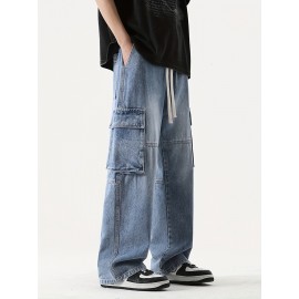 Men's Loose Gradient Color Denim Trousers With Pockets, Causal Drawstring Cotton Blend Jeans For Outdoor Activities