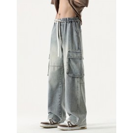 Men's Loose Gradient Color Denim Trousers With Pockets, Causal Drawstring Cotton Blend Jeans For Outdoor Activities