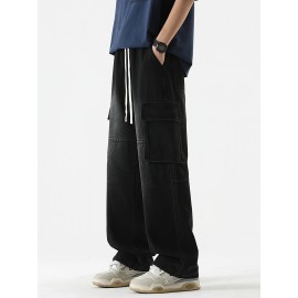 Men's Loose Gradient Color Denim Trousers With Pockets, Causal Drawstring Cotton Blend Jeans For Outdoor Activities