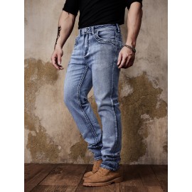 ESDVQ Men's Vintage-Inspired Embroidered Stretch Jeans - Slim Fit, Cotton Blend Denim with Pockets
