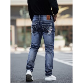 ESDVQ Men's Vintage-Inspired Embroidered Stretch Jeans - Slim Fit, Cotton Blend Denim with Pockets
