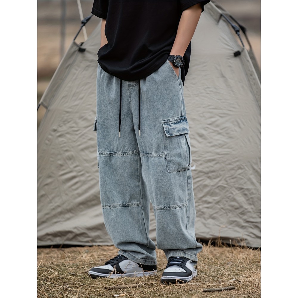 Men's Casual Loose-Fit Jeans with Unique 3D Pocket Design - Cotton Blend, Non-Stretch Denim for Spring/Fall Men's Casual Loose-Fit Jeans with Unique 3D Pocket Design - Cotton Blend, Non-Stretch Denim for Spring/Fall