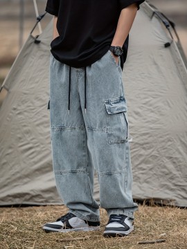 Men's Casual Loose-Fit Jeans with Unique 3D Pocket Design - Cotton Blend, Non-Stretch Denim for Spring/Fall