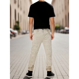 Men's Slim-Fit Stretch Cotton Jeans - Classic White, All-Season Casual Denim with Ripped Detail
