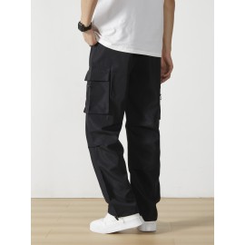 Men's Casual Flap Pocket Straight Leg Cargo Pants, Street Style Casual Pants For Outdoor Activities