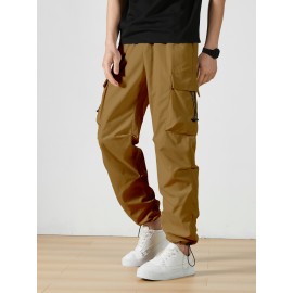 Men's Casual Flap Pocket Straight Leg Cargo Pants, Street Style Casual Pants For Outdoor Activities