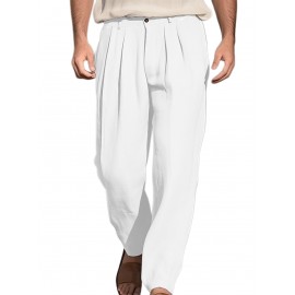 1pc Men'S Casual Wide Leg Pants - Cotton Blend, Solid Color, All-Season, Regular Fit, Slight Stretch, Woven Fabric, Mid Waist with Drawstring and Pleated Front - Versatile for Beach and Daily Wear