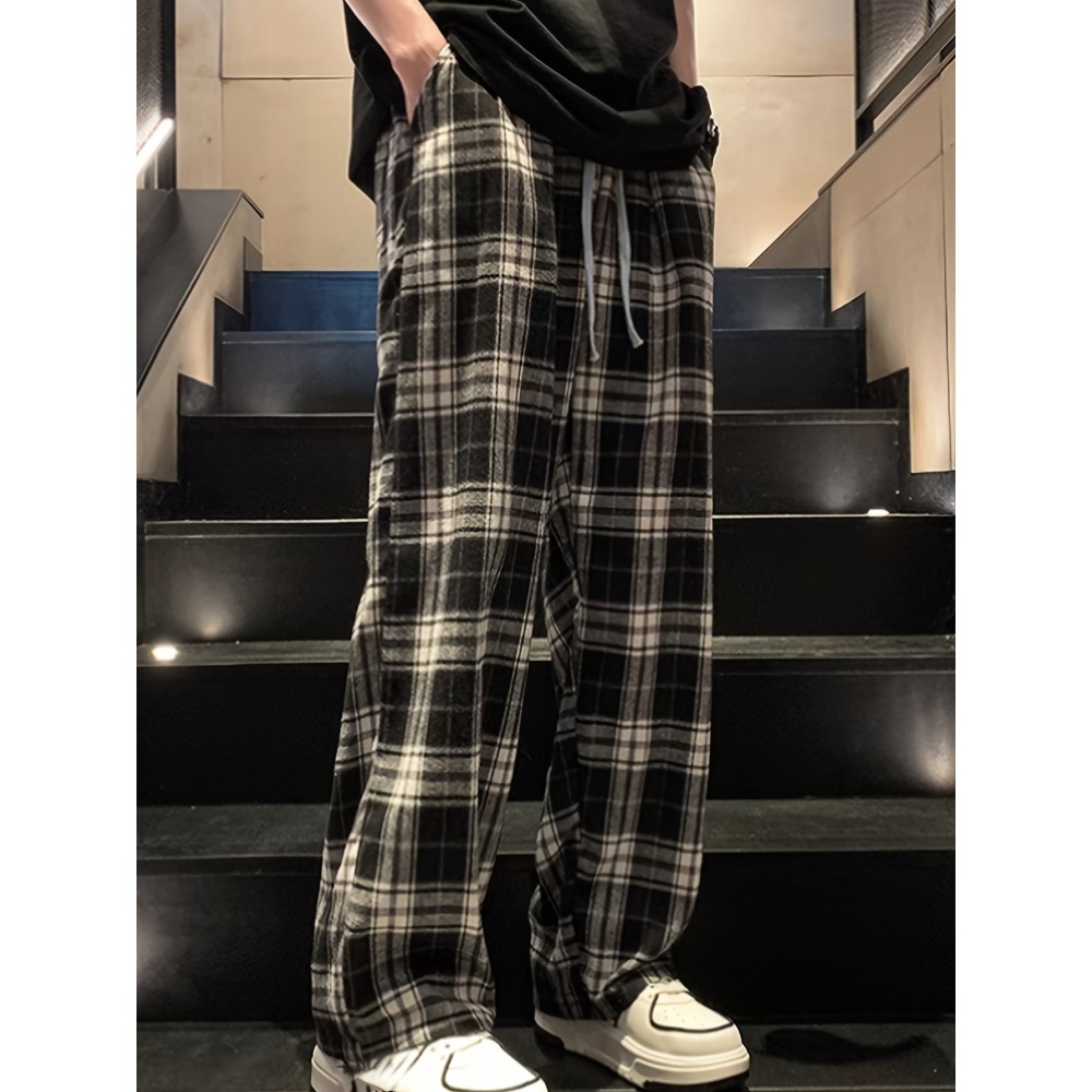 Men's Casual Plaid Long Pants With Drawstring - Basic Straight-Leg Trousers For Casual Wear Men's Casual Plaid Long Pants With Drawstring - Basic Straight-Leg Trousers For Casual Wear