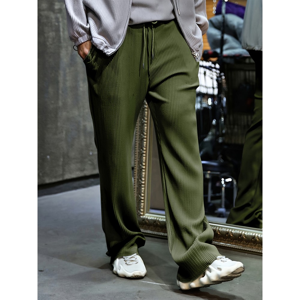 Men's Casual Drawstring Pants - Mid-Waist, Straight Leg, Solid Color Ribbed Design, Polyester Blend, Machine Washable Men's Casual Drawstring Pants - Mid-Waist, Straight Leg, Solid Color Ribbed Design, Polyester Blend, Machine Washable