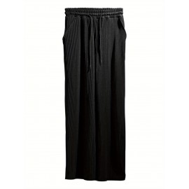 Men's Casual Drawstring Pants - Mid-Waist, Straight Leg, Solid Color Ribbed Design, Polyester Blend, Machine Washable