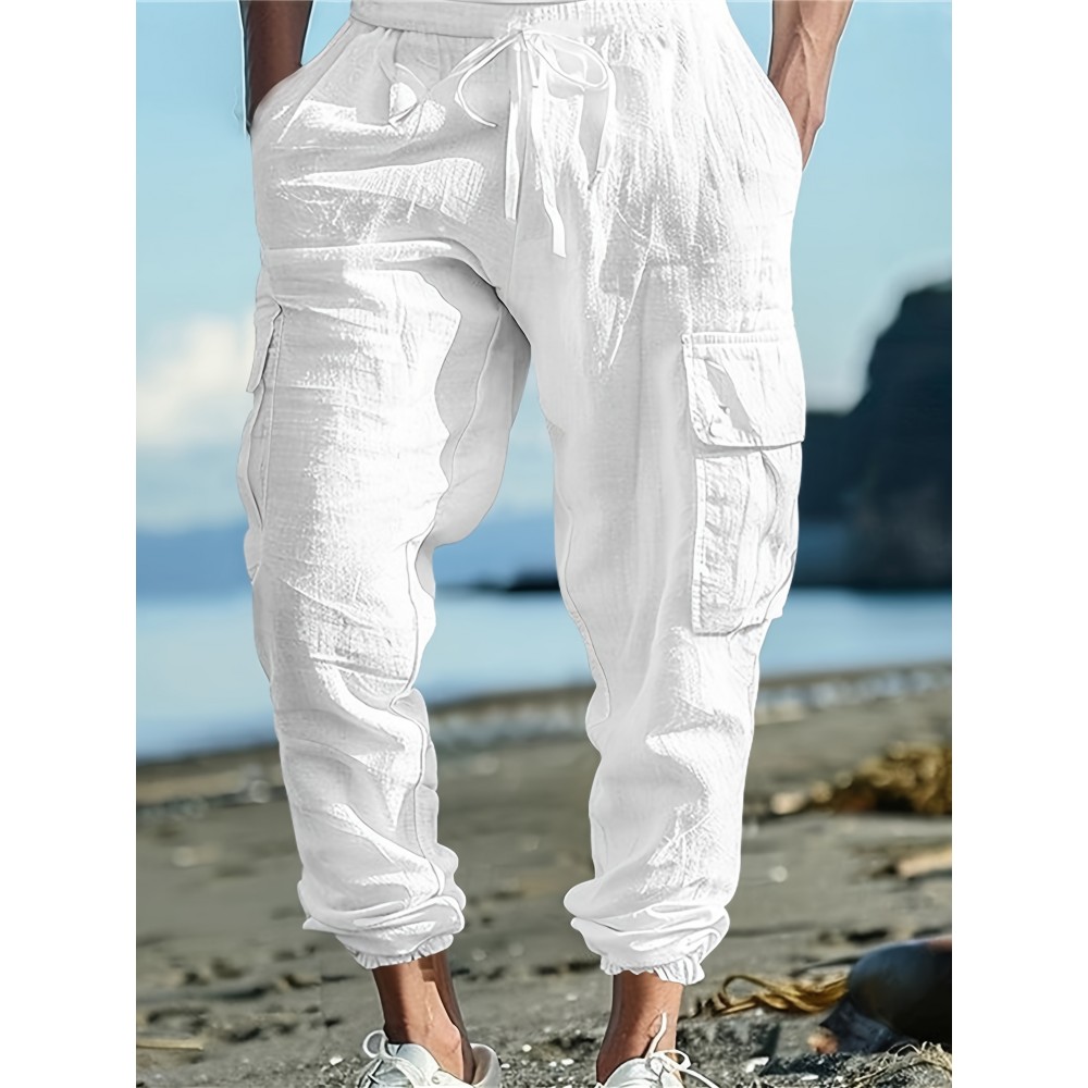 Men's Casual Cargo Pants with Drawstring - Soft, Loose Fit with Multiple Pockets, Solid Color, Machine Washable Men's Casual Cargo Pants with Drawstring - Soft, Loose Fit with Multiple Pockets, Solid Color, Machine Washable