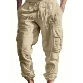 Men's Casual Cargo Pants with Drawstring - Soft, Loose Fit with Multiple Pockets, Solid Color, Machine Washable