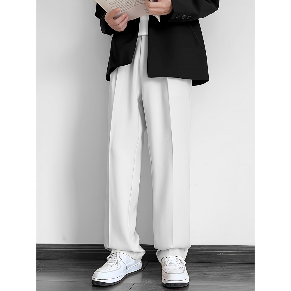 Men's Casual Fashion Pants, Versatile Solid Color, Polyester Fabric, Cropped Length Men's Casual Fashion Pants, Versatile Solid Color, Polyester Fabric, Cropped Length