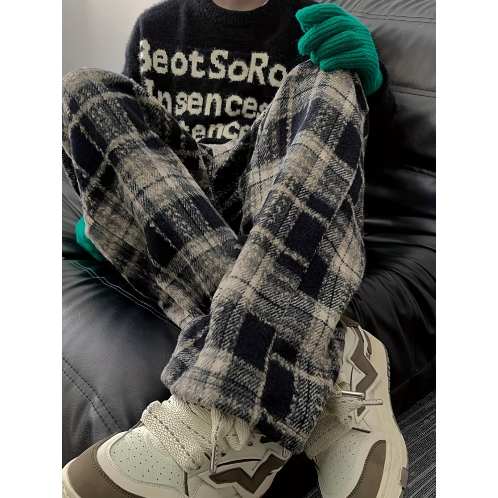 Men's Loose Fit Plaid Trousers, Breathable Comfort, Drawstring & Pockets Men's Loose Fit Plaid Trousers, Breathable Comfort, Drawstring & Pockets