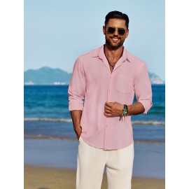 Men'S Polyester Chambray Casual Dress Shirt, Sexy Lapel Collar, Long Sleeve, Solid Color, Slight Stretch Fabric, with Front Slit Hem, Single Breasted Placket, for All-Season Party Wear