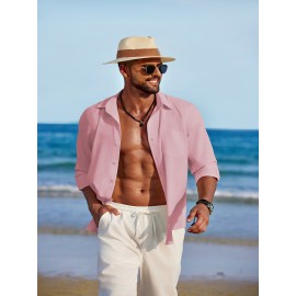 Men'S Polyester Chambray Casual Dress Shirt, Sexy Lapel Collar, Long Sleeve, Solid Color, Slight Stretch Fabric, with Front Slit Hem, Single Breasted Placket, for All-Season Party Wear