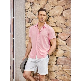 Men's Casual Button-Down Beach Shirt - Short Sleeve, Stretch Fabric, Summer Tropical Top with Turquoise Collar