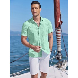 Men's Casual Button-Down Beach Shirt - Short Sleeve, Stretch Fabric, Summer Tropical Top with Turquoise Collar