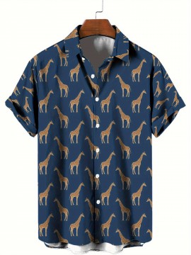 Men's Giraffe 3D Print Casual Shirt, Button Front Short Sleeve Top, Men's Clothes For Daily Wear/Party