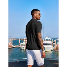 Men'S Summer Casual Knit Button-Down Lapel Shirts - Regular Fit, Slight Stretch Fabric, Solid Color Short Sleeve Casual Shirt with Button Detail