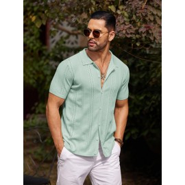 Men'S Summer Casual Knit Button-Down Lapel Shirts - Regular Fit, Slight Stretch Fabric, Solid Color Short Sleeve Casual Shirt with Button Detail