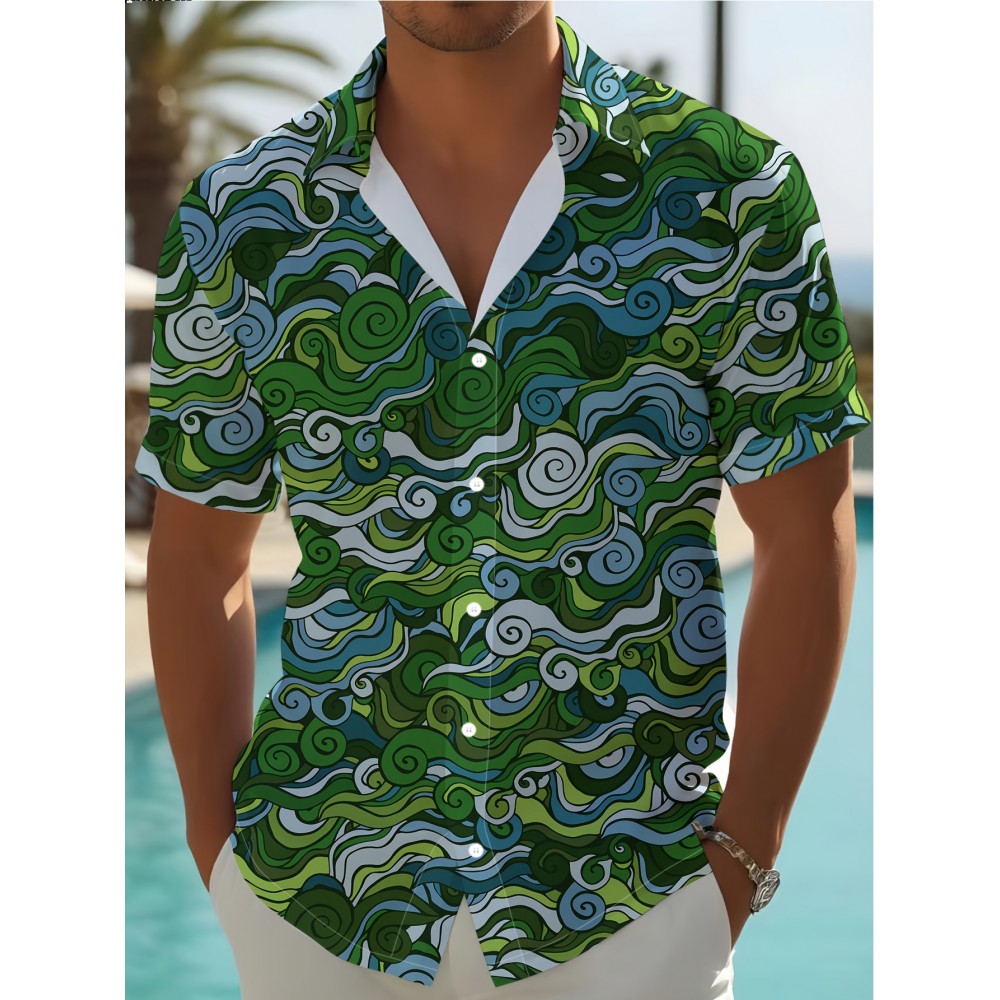 Men's Novelty Geometric Print Button-Up Shirt - Casual, Breathable Polyester, Machine Washable Men's Novelty Geometric Print Button-Up Shirt - Casual, Breathable Polyester, Machine Washable
