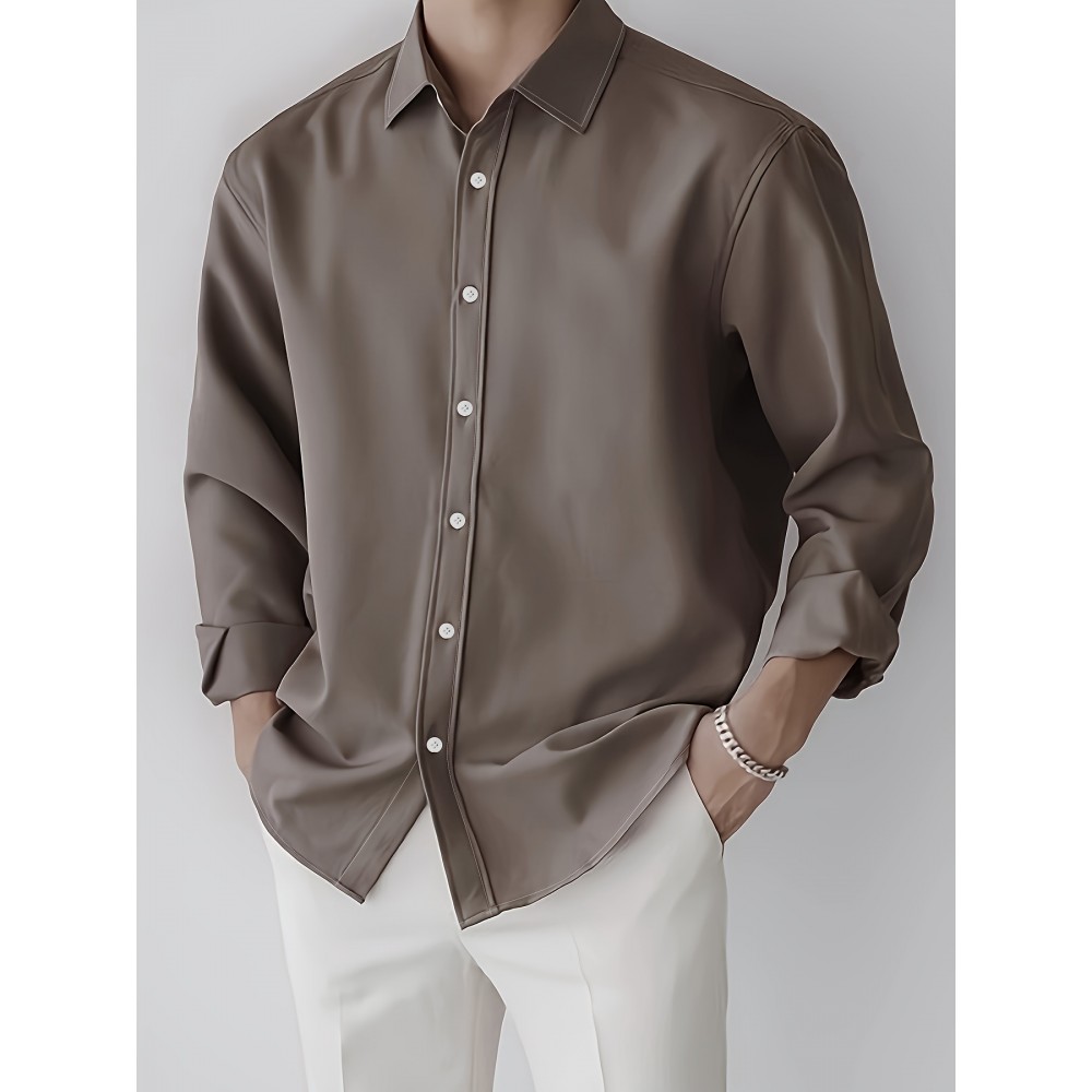 European And American Men'S Fashion Khaki Long-Sleeved Shirt, Skin-Friendly And Breathable Street Solid Color Fashion Button-Down Lapel Shirt European And American Men'S Fashion Khaki Long-Sleeved Shirt, Skin-Friendly And Breathable Street Solid Color Fashion Button-Down Lapel Shirt