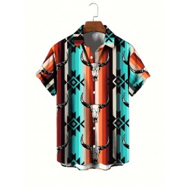 Men's Western Style Bull Skull 3D Print Casual Shirt, Button Front Short Sleeve Top, Men's Clothes For Daily Wear/Party