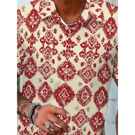 Men'S Summer Casual Print Button-Down Shirt, Polyester Fabric, Non-Stretch, Regular Fit, with Loose Hem, for Woven Lapel Collar Top