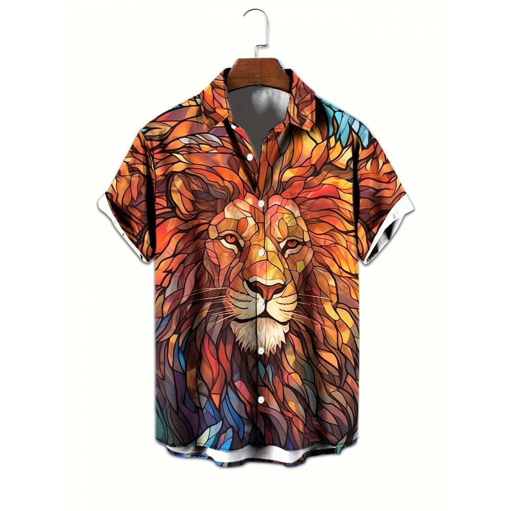 1pc Men'S Casual Short Sleeve Shirt with 3D Lion Print, Polyester Woven Fabric, Slight Stretch, Regular Fit, Lapel Collar - Animal Pattern Design 1pc Men'S Casual Short Sleeve Shirt with 3D Lion Print, Polyester Woven Fabric, Slight Stretch, Regular Fit, Lapel Collar - Animal Pattern Design