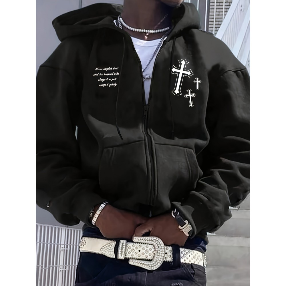 Men's Fashion Cross Print Long Sleeve Hoodie - Classic Zip-Up Design, Casual Style, Ideal For Fall And Winter Men's Fashion Cross Print Long Sleeve Hoodie - Classic Zip-Up Design, Casual Style, Ideal For Fall And Winter