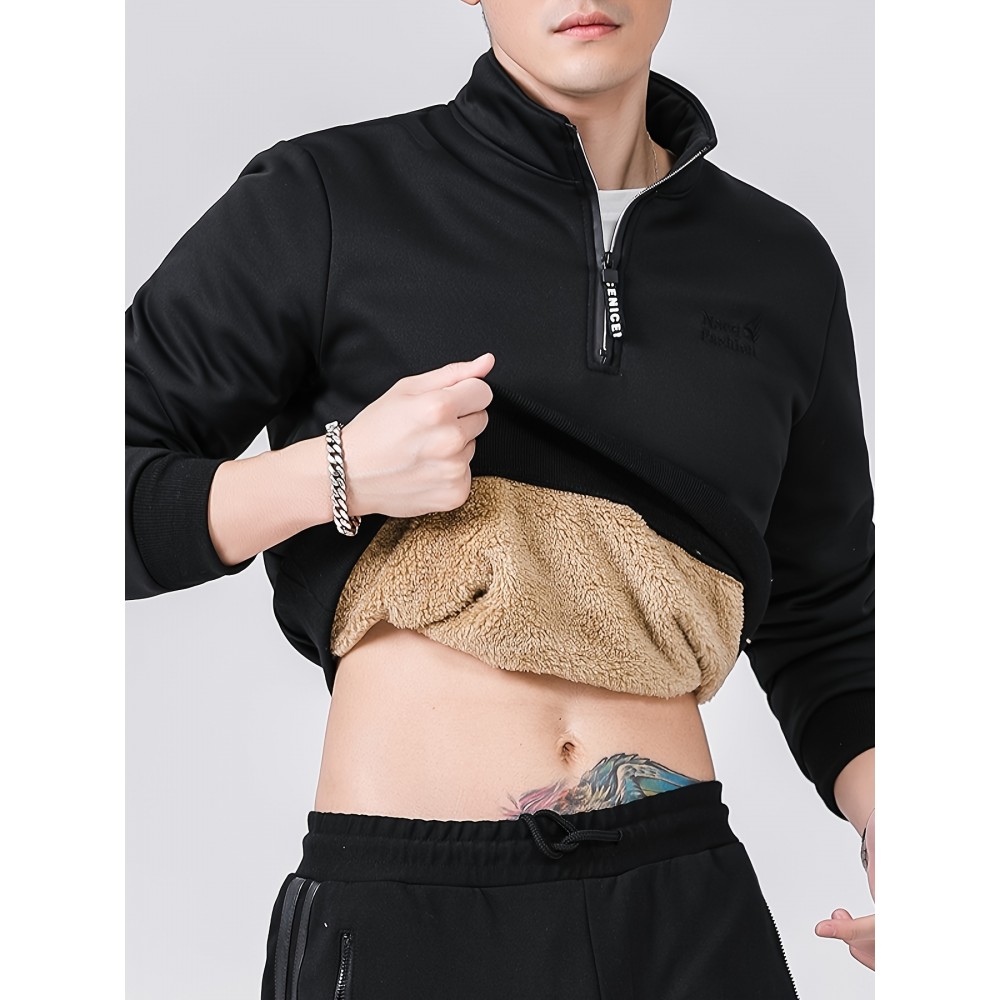 Men's Cozy Fleece-Lined Stand Collar Sweatshirt - Casual Cotton Blend, Long Sleeve Pullover for Fall & Winter Men's Cozy Fleece-Lined Stand Collar Sweatshirt - Casual Cotton Blend, Long Sleeve Pullover for Fall & Winter