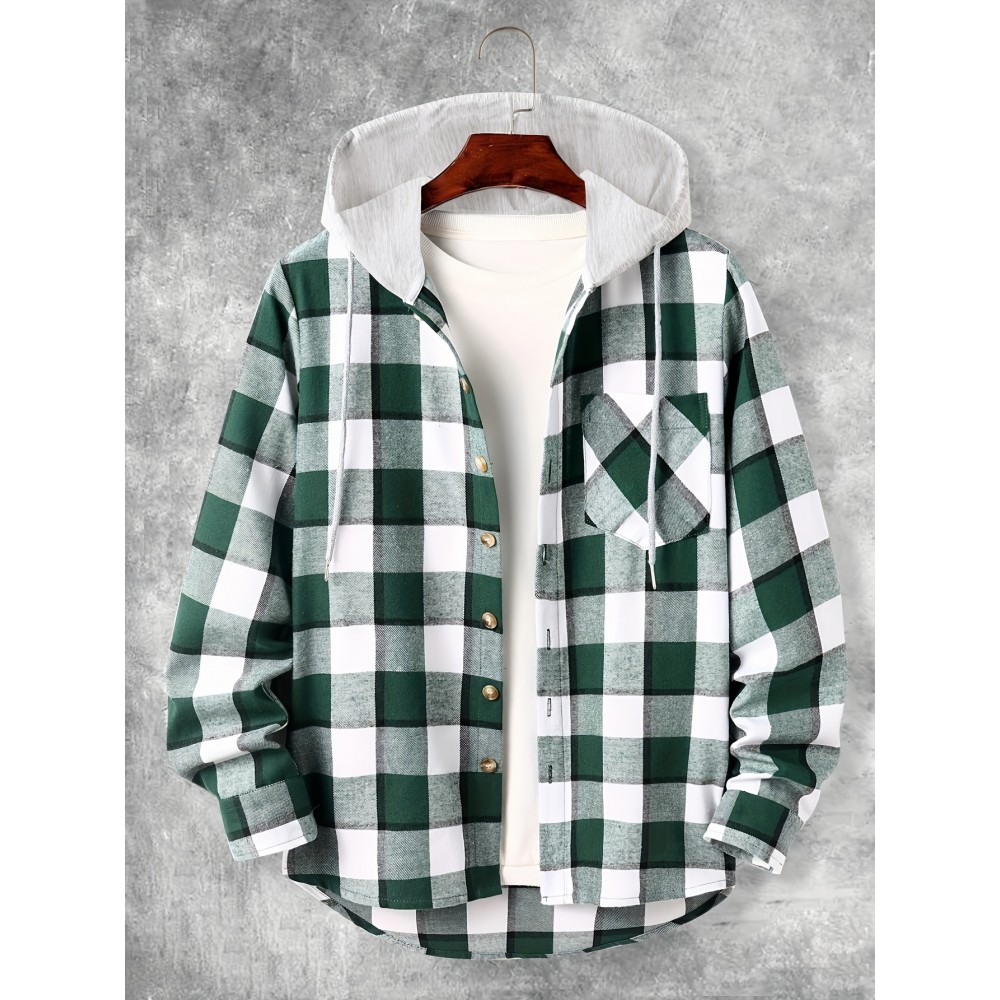 Fashionable And Versatile Men's College Style Casual Plaid Hoodies Button Drawstring Shirt Jacket, Suitable For Outdoor Fashionable And Versatile Men's College Style Casual Plaid Hoodies Button Drawstring Shirt Jacket, Suitable For Outdoor